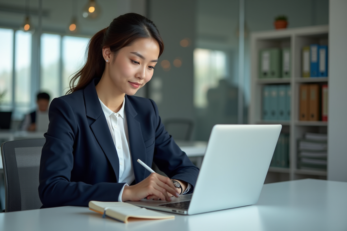 Jeune femme en blazer navy au bureau avec ordinateur et notes