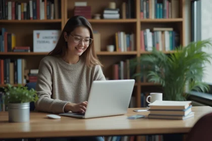 Jeune femme configure ses emails dans un bureau universitaire