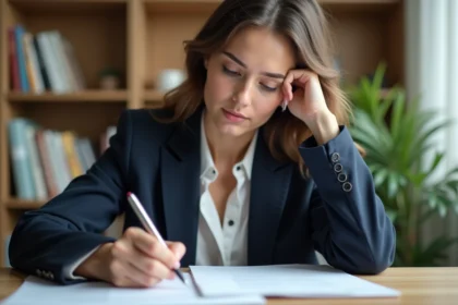 Jeune femme en blazer blanc rédige un CV dans un bureau cosy