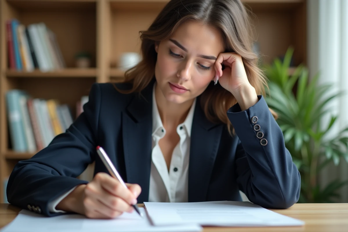 Jeune femme en blazer blanc rédige un CV dans un bureau cosy
