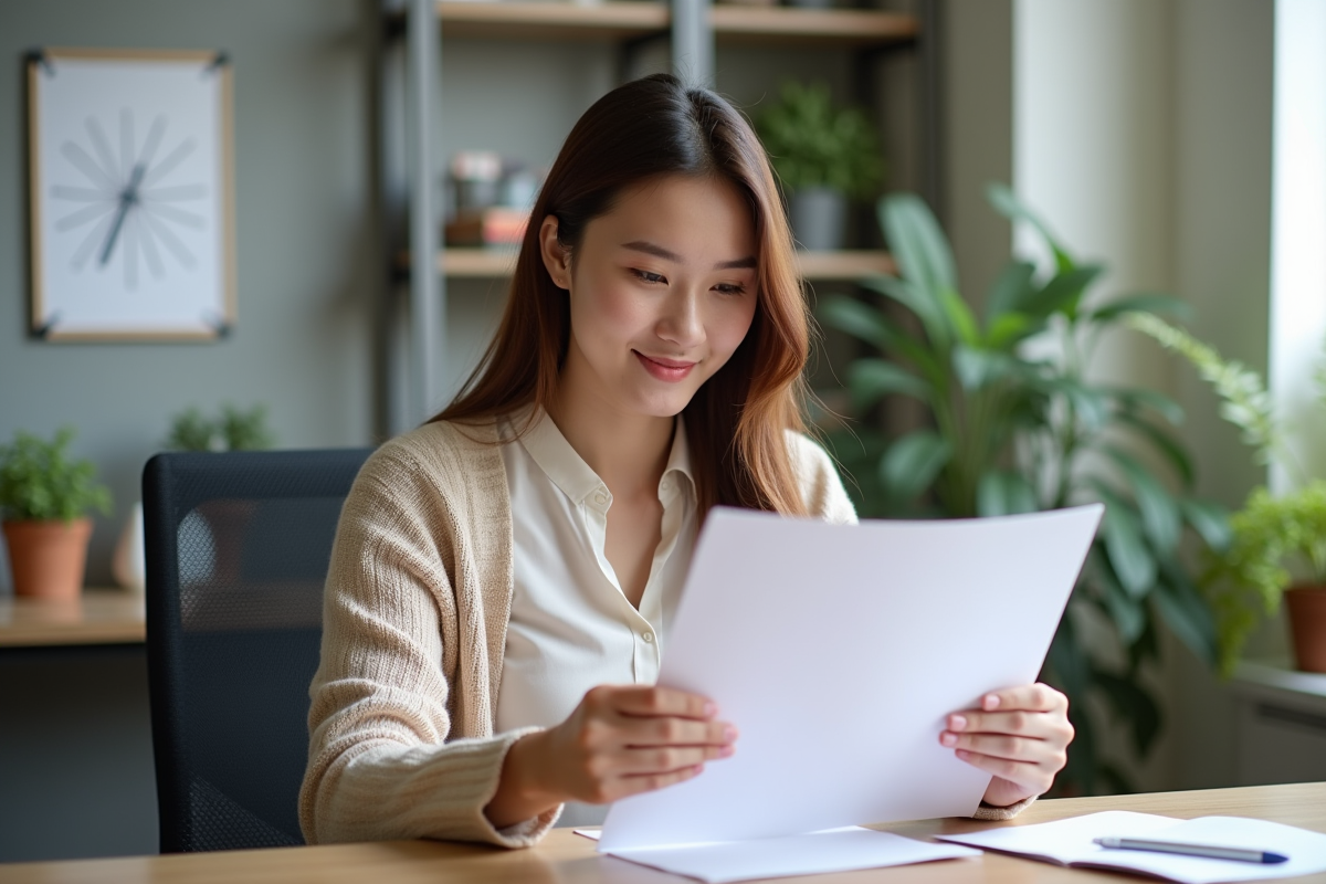 Jeune femme tenant un diplôme dans un bureau lumineux