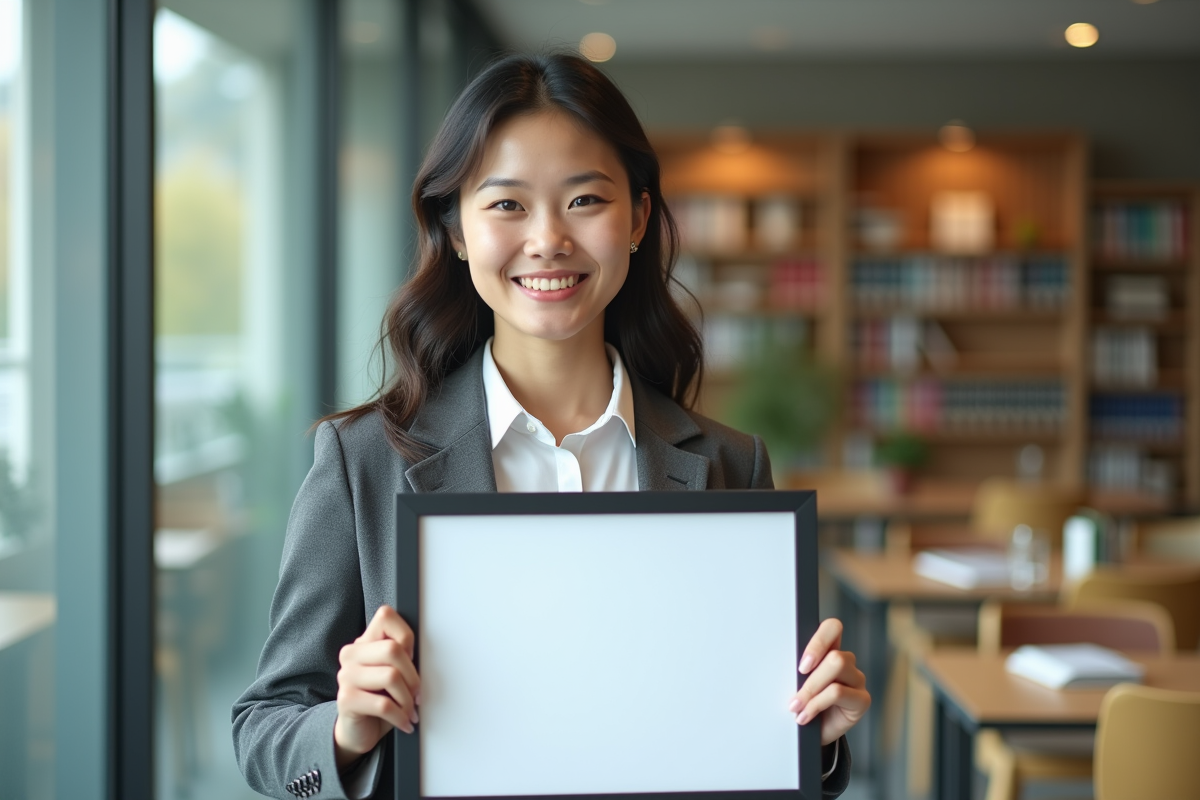 Jeune femme souriante avec diplôme dans un bureau moderne