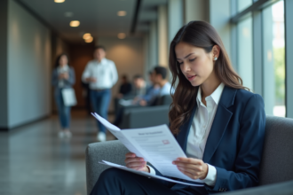 Jeune femme en costume navy lors d'un entretien d'embauche