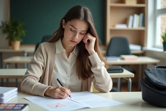 Jeune femme concentrée à remplir un formulaire d'inscription dans une salle d'étude moderne