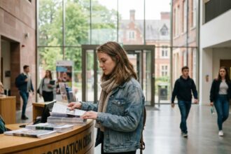 Jeune femme en denim examine brochures dans un foyer universitaire à Rouen