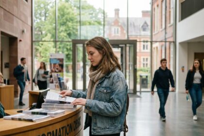 Jeune femme en denim examine brochures dans un foyer universitaire à Rouen