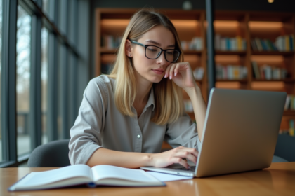 Jeune femme en blouse et lunettes travaillant sur un laptop dans une bibliothèque