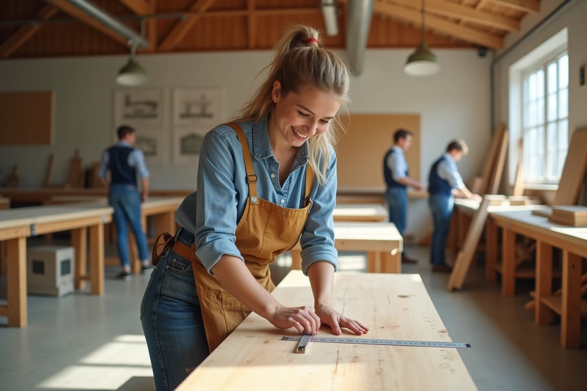 Jeune femme mesure un planche en bois dans un atelier lumineux