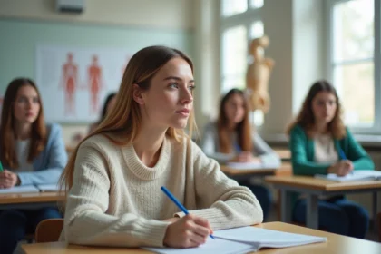 Jeune femme en cours d'ostéopathie prenant des notes