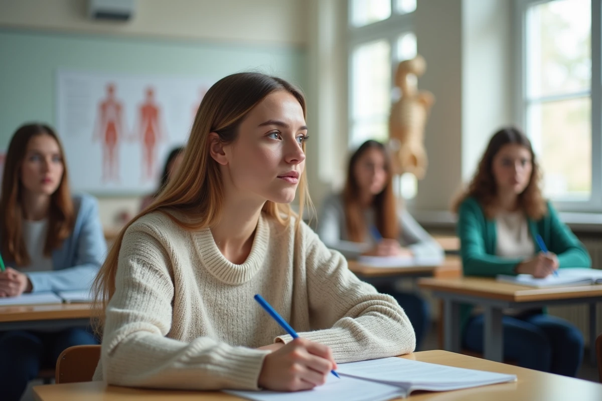 Jeune femme en cours d'ostéopathie prenant des notes