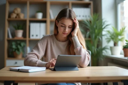 Jeune femme ajustant les réglages sur une tablette dans un bureau moderne