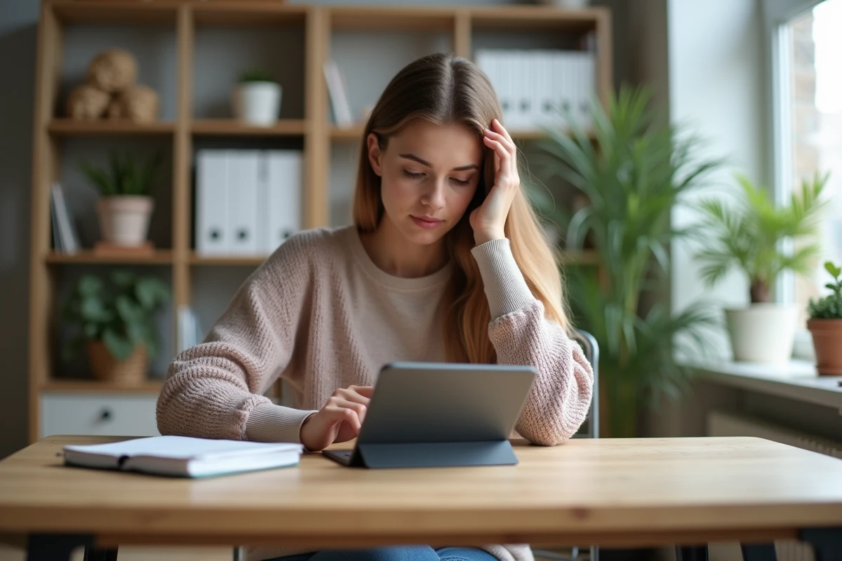 Jeune femme ajustant les réglages sur une tablette dans un bureau moderne