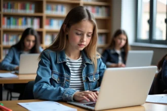 Jeune fille étudiante à la bibliothèque avec ordinateur portable