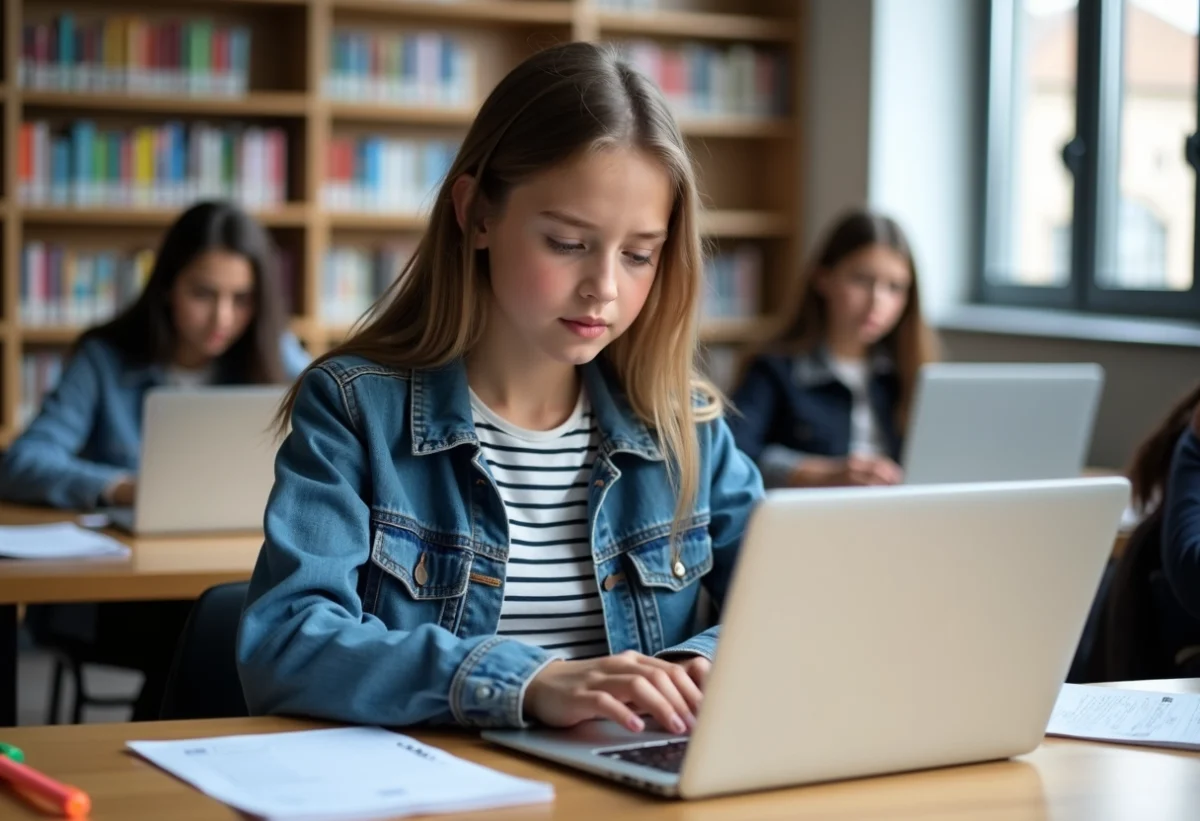 Jeune fille étudiante à la bibliothèque avec ordinateur portable