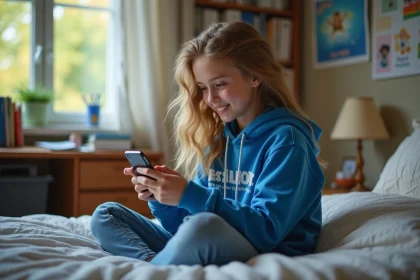 Jeune fille de 15 ans avec hoodie bleu utilisant son smartphone dans sa chambre