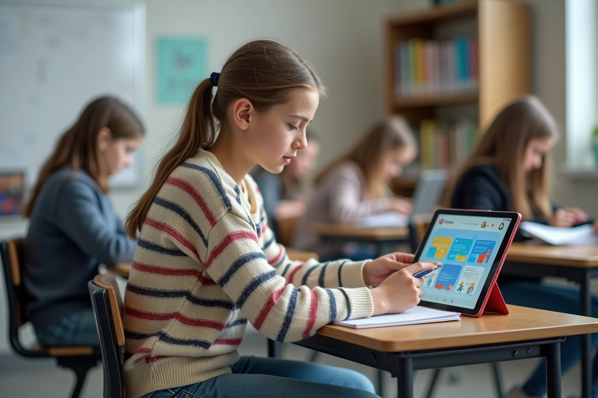 Jeune fille avec tablette et cahier Scolinfo dans classe lumineuse