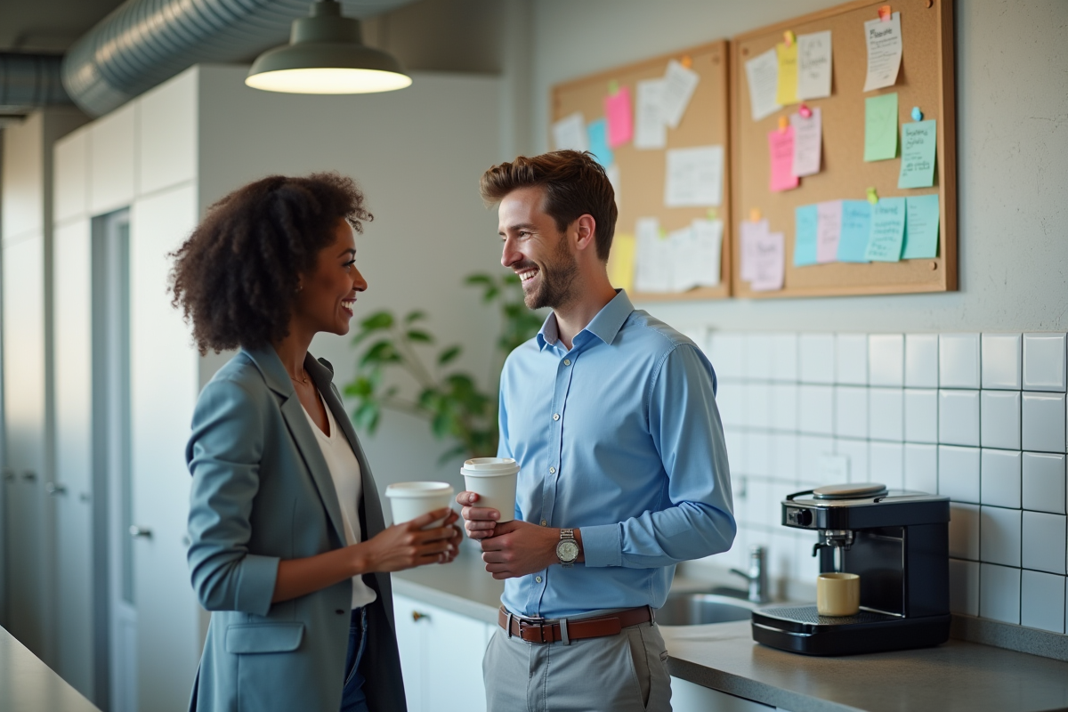 Jeune homme souriant avec un café dans un espace de travail
