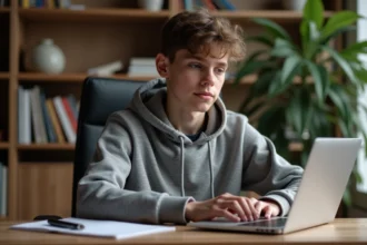 Adolescent concentré sur son ordinateur dans un bureau cosy