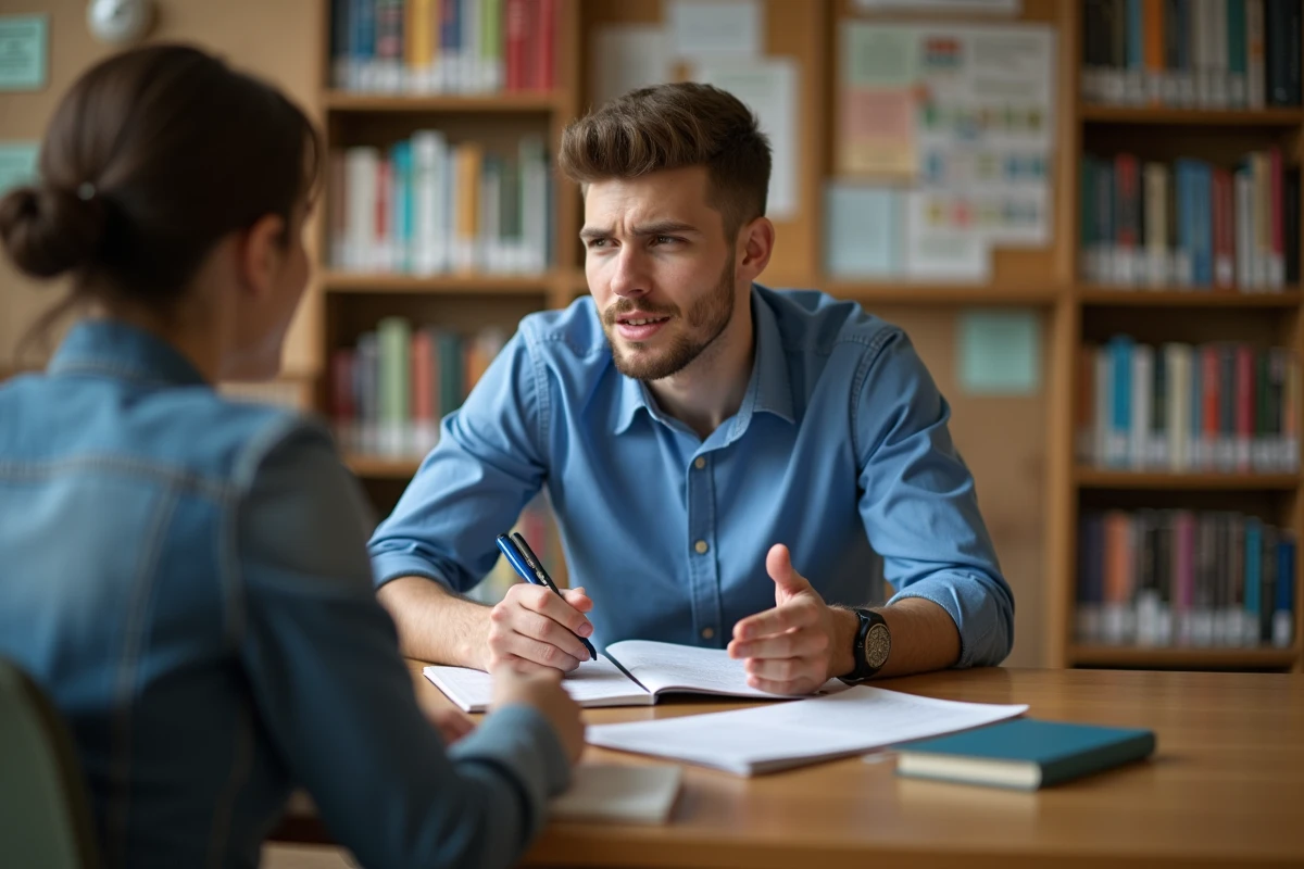 Jeune homme écoute un conseiller dans une bibliothèque