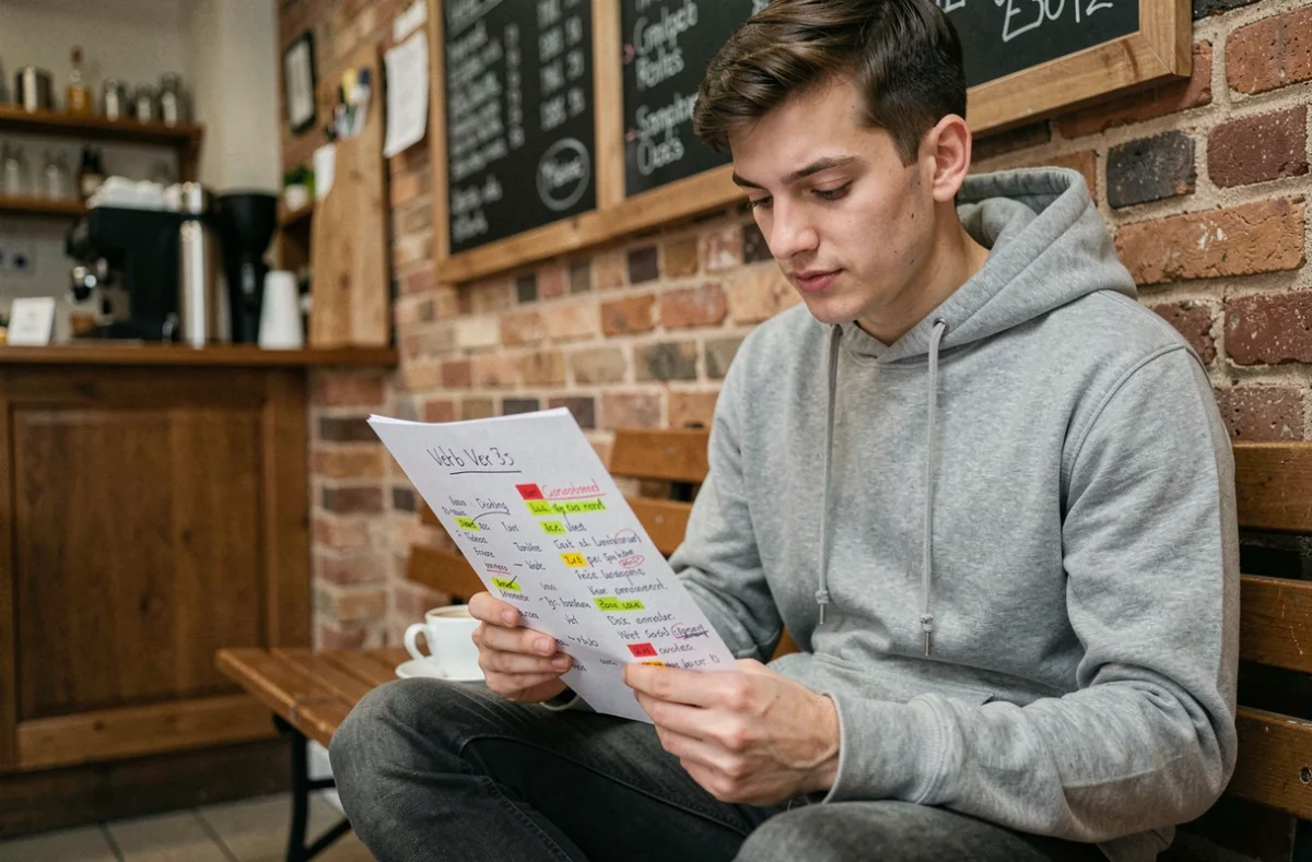 Jeune homme révisant une liste de verbes du 3ème groupe annotée dans un café avec un café à côté de lui