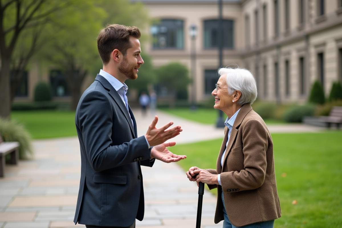 Jeune homme en tenue décontractée parle avec une femme âgée sur le campus