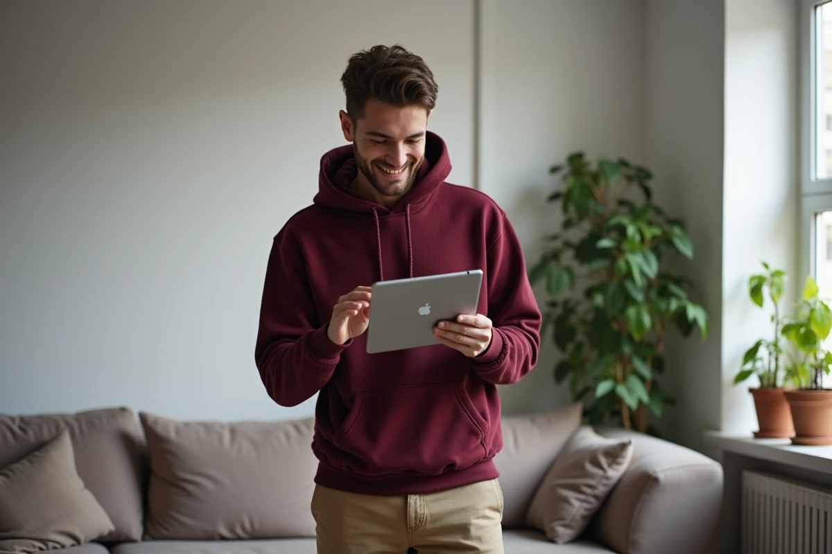 Jeune homme souriant utilisant une tablette dans un salon