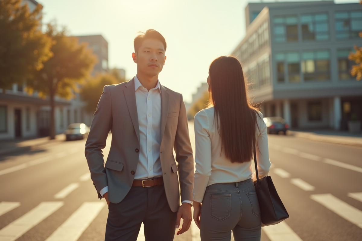 Jeune professionnel et femme à un carrefour extérieur en plein soleil