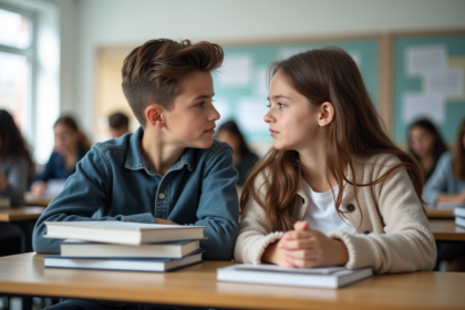 Adolescents assis à une table de lycée en classe moderne