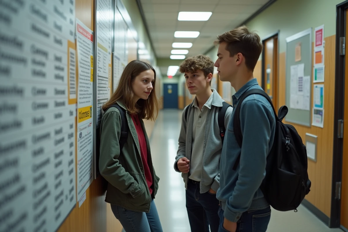 Jeunes lycéens discutant autour d une affiche de métiers