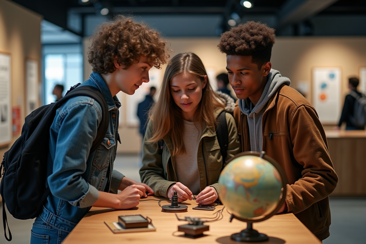 Groupe de jeunes decouvrant un globe et un telescope au musee