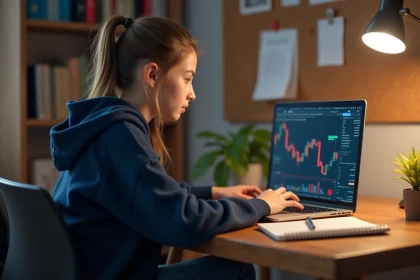 Adolescente lycéenne concentrée sur une plateforme de trading en ligne depuis son bureau à la maison