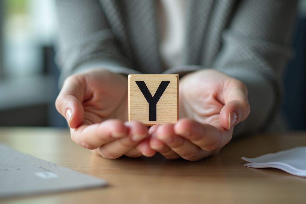 Mains tenant des lettres en bois formant un Y sur un bureau moderne
