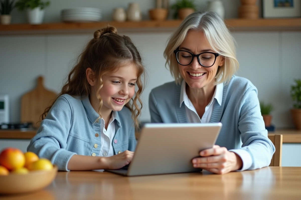 Maman aide sa fille avec une tablette dans la cuisine