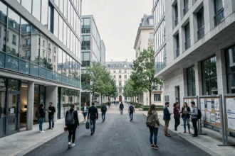 Vue d'ensemble d'un campus d'école d'informatique dans les Hauts-de-Seine, avec des étudiants et des bâtiments modernes