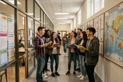 Couloir animé d'une école de langues dans le Nord avec des étudiants multilingues en discussion