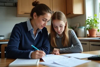 Mère et fille adolescente consultant un bulletin scolaire avec calculatrice pour comprendre le calcul de moyenne avec coefficients au collège