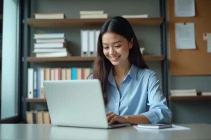 Femme consultant sa messagerie académique Aix Marseille sur un ordinateur portable dans un bureau universitaire