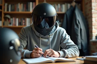 Motard en train de réviser le code de la route moto sur un bureau avec un manuel annoté