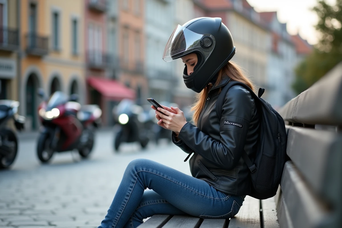 Motarde révisant le code de la route moto sur smartphone en extérieur en ville