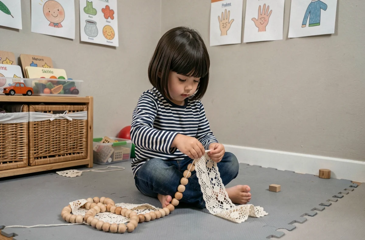 Petit garçon en maternelle réalisant un exercice d'enfilage de perles en bois pour développer sa motricité fine sur un tapis de sol