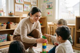 Jeune femme nounou aidant des enfants à construire une tour de blocs