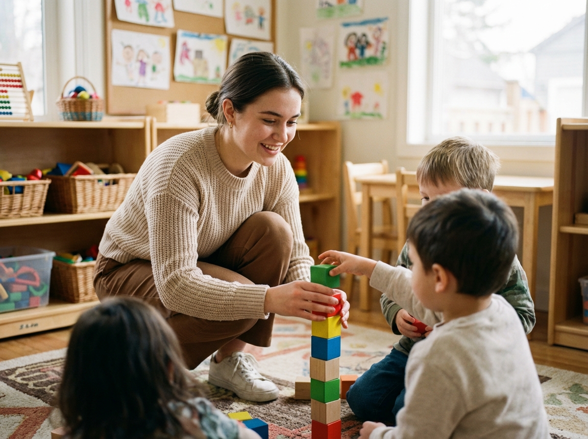 Jeune femme nounou aidant des enfants à construire une tour de blocs