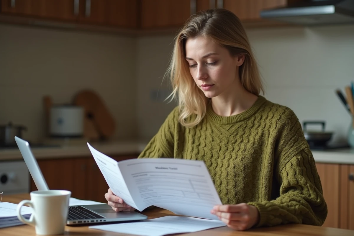 Mère de famille consultant les documents de transfert du livret scolaire LSU lors d'un changement d'établissement depuis son domicile
