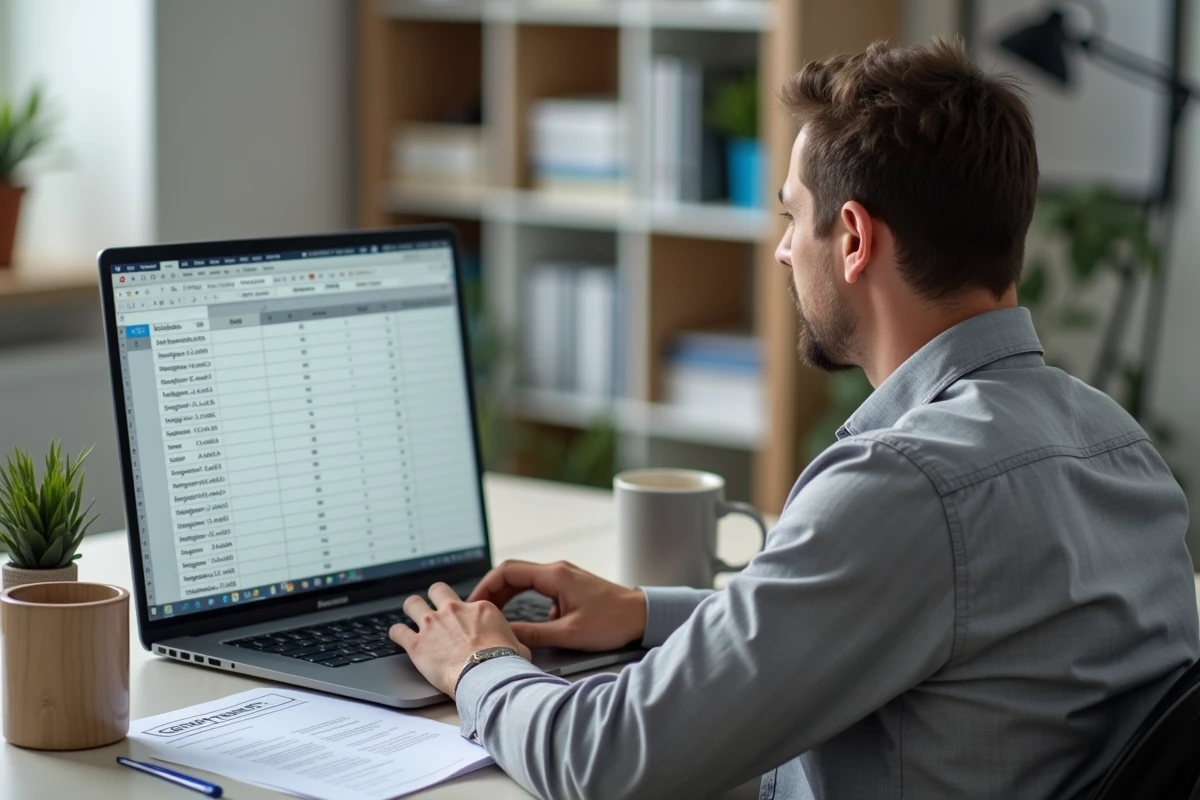 Parent consultant un tableau de calcul de moyenne avec coefficients sur ordinateur portable pour aider son enfant au collège