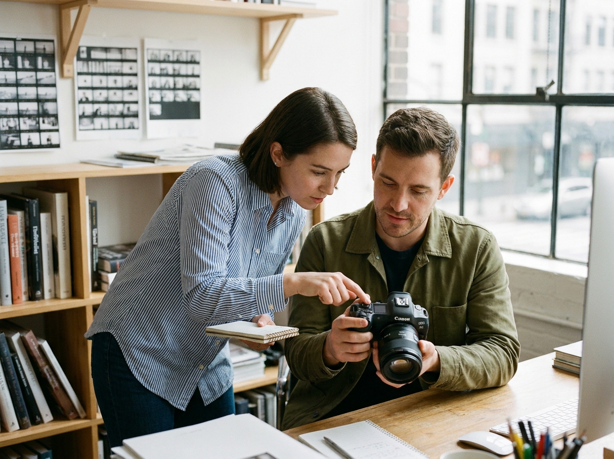 Photographe et son assistante analysant ensemble des photos sur un appareil photo dans un bureau éditorial