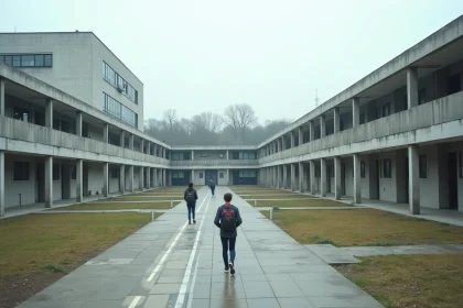 Vue extérieure grand angle du plus grand lycée de France, bâtiments imposants et couloirs extérieurs avec élèves en tenue quotidienne