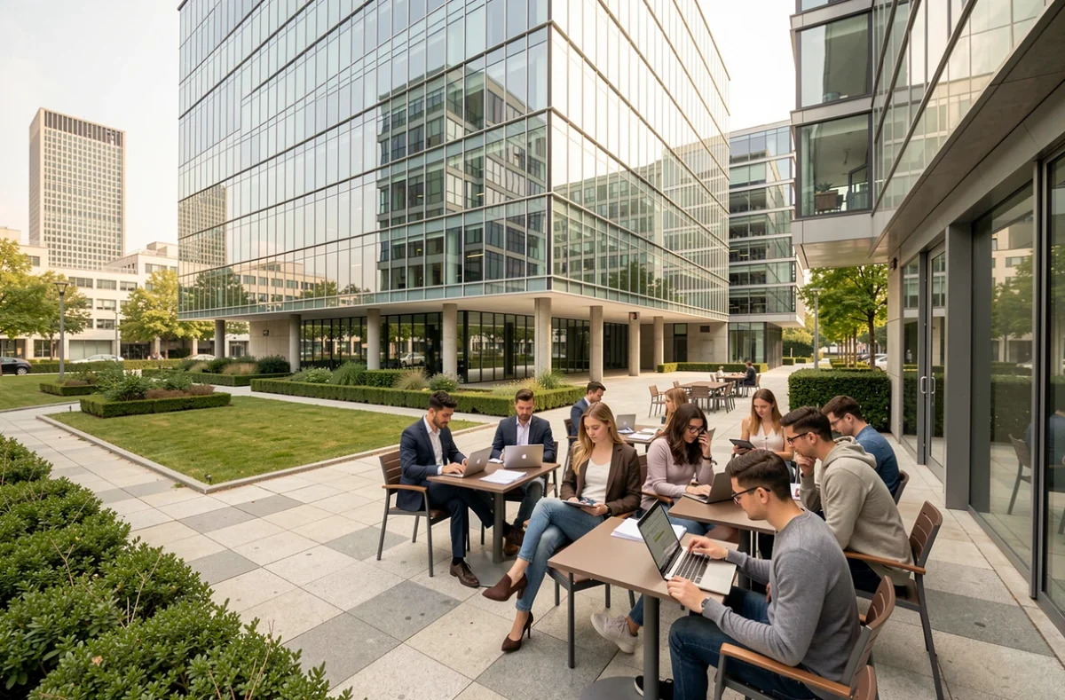 Campus moderne du Pôle Universitaire Léonard de Vinci avec des étudiants travaillant en extérieur