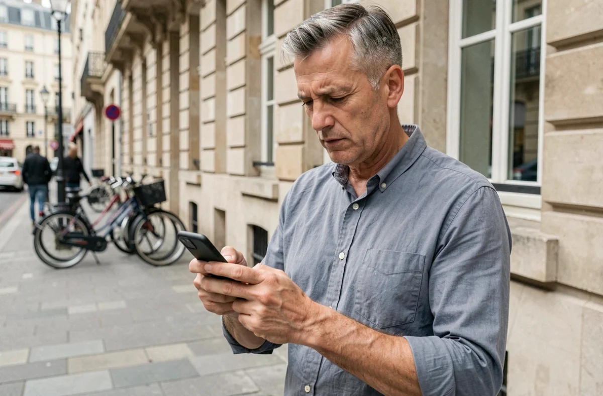 Homme consultant le portail métier 76 sur mobile en plein air dans une rue normande