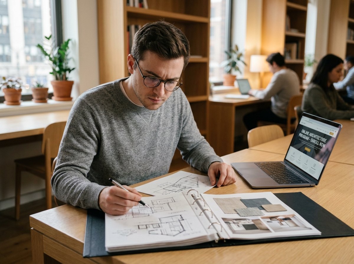 Jeune homme consultant un portfolio de croquis d'architecture d'intérieur et un programme de formation en ligne dans un espace de coworking