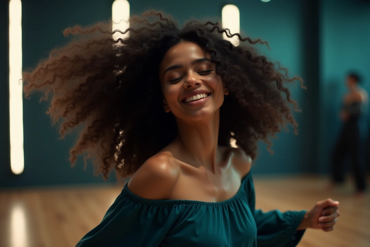 Portrait en gros plan d'une danseuse de zouk les yeux fermés, cheveux bouclés en mouvement dans un studio de danse